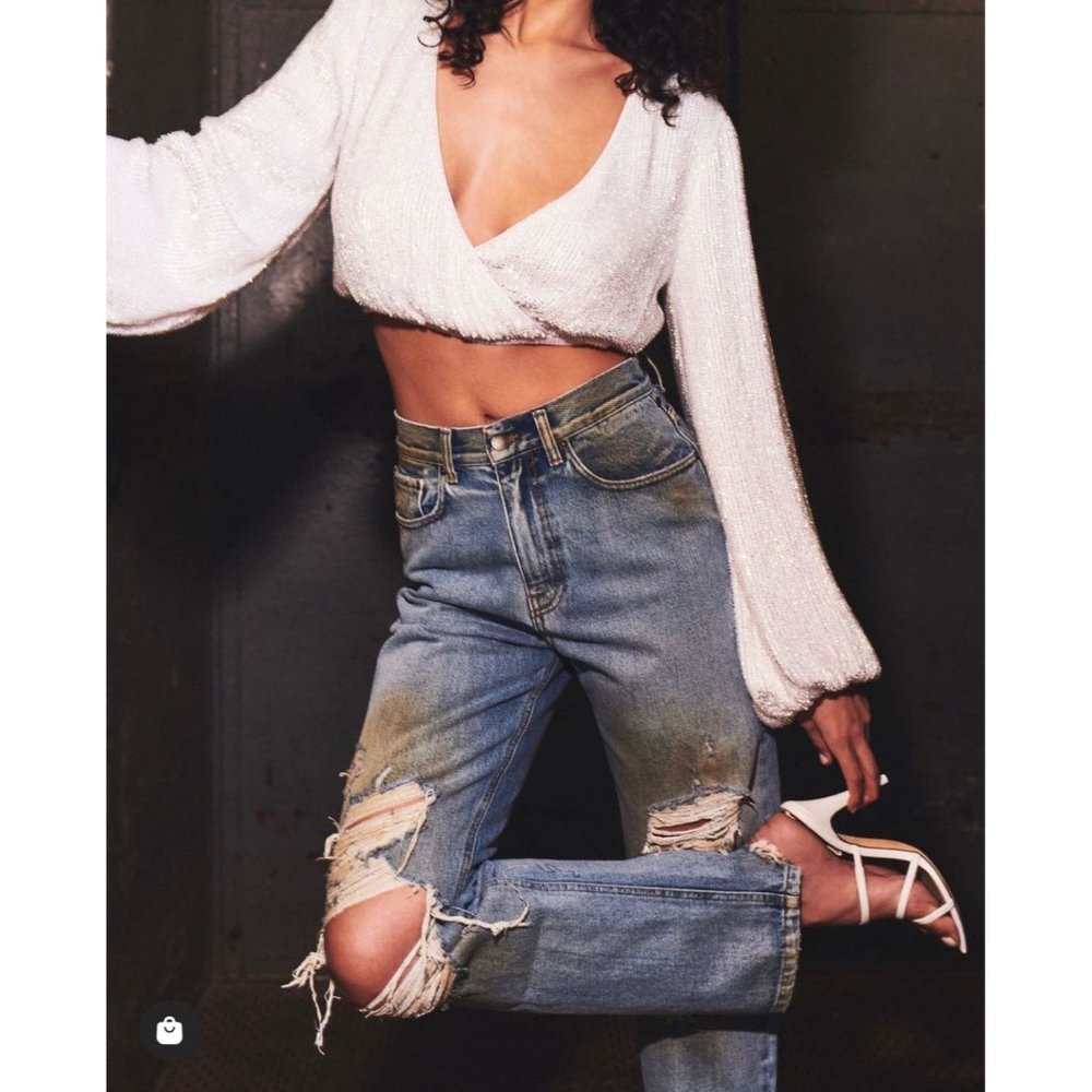 Retrofete Viva Sequin Top in Moonglow White Small Women's Long Sleeve Blouse